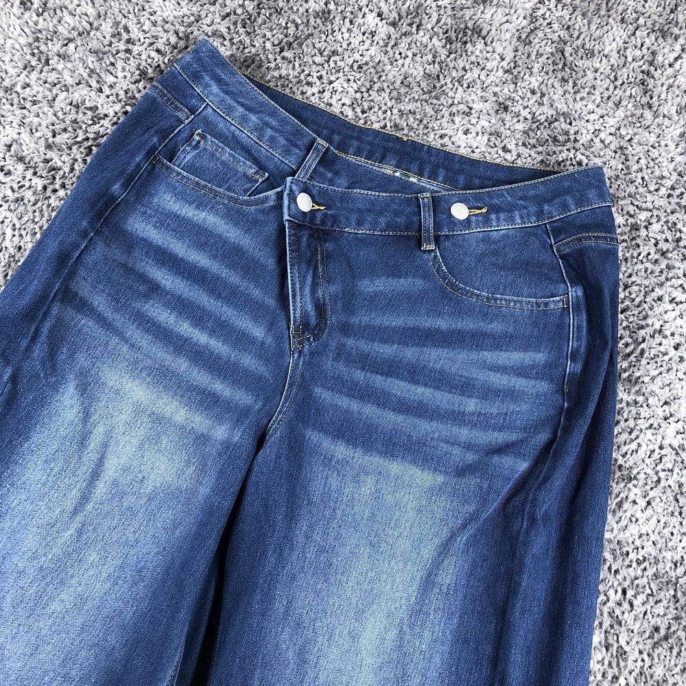 Halara Flex Denim Jeans Womens 14 Petite Blue Med Wash High Rise Wide Leg - Picture 2 of 14